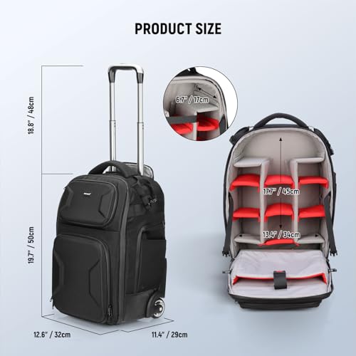 2 in 1 Camera Roller Bag with Detachable Shockproof Dividers Retractable Handle Waistband Rain Cover Water Resistant Robust Carry On Backpack for Camera Tripod Flash Lens Laptop