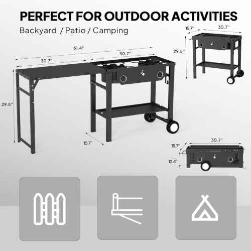2 Burner Outdoor Propane Gas Stove with Foldable Side Table & Ignition
