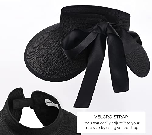 Women's Straw Sun Visor Hat UPF Wide Shade Ponytail Summer Hat