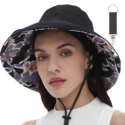 Womens Sun Hats Wide Brim Reversible Bucket Cotton Hat Packable Summer Travel Cap with Hat Clip