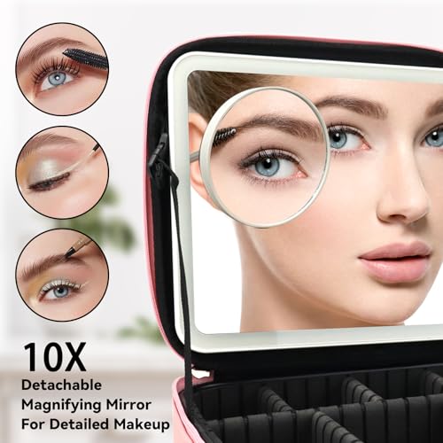 Travel Makeup Bag with LED Mirror and 10x magnifying glass with 3 Lighted Settings
