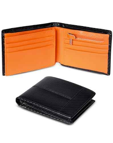Wallet for Men RFID Blocking Genuine Leather Mens Wallets Bifold with 1 ID Window 15 Card Slots black stripe orange
