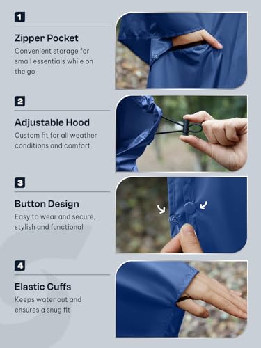 Adult Rain Poncho Waterproof Hooded Zipper Raincoat with Pockets