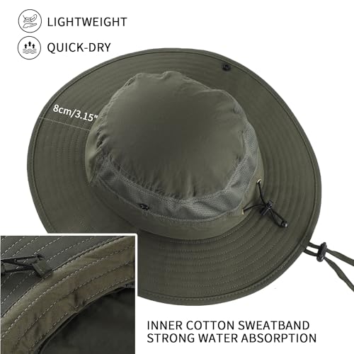UPF50+ Mens Sun Hat Wide Brim Womens UV Protection Beach Bucket Hat Airy Fishing Hat Hiking Snap Up Cowboy Hat Army Green