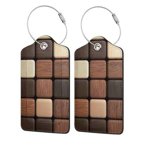 2 Pack Luggage Tags for suitcases Wood Blocks Walnut TSA Approved Label Luggage Tag Baggage Tag Leather Stainless Steel Loop Label Tag for Men Women Travel Bag Suitcase (2 Count)