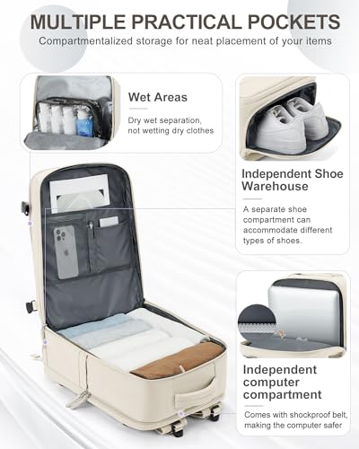 Large Travel Backpack Carry On for Women Man Gym Backpacks with Laptop Compartment Mochila de Viaje Teacher Personal Item Backpack Rucksack Airplane Accessories Must Haves Beige