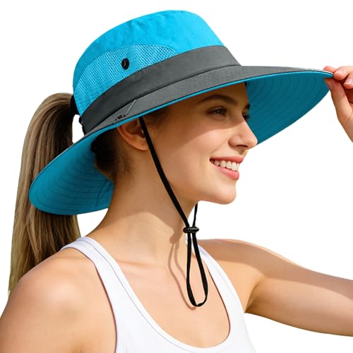 Ponytail Sun Bucket Hats for Women UV Protection Foldable Wide Brim