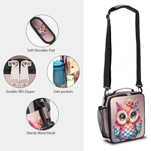 Cute Pink Owl Kids Lunch Box for Girls Boys Reusable Insulated Lunch Bag for Kids Toddler Thermal Cooler Spacious Lunchbox with Shoulder Strap Lunchbag for School Work Picnic (A06:owl)