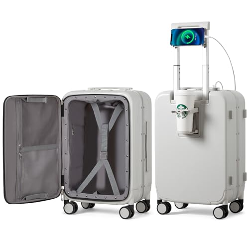 Carry On Luggage with Cup Phone Holder and Charger Hard Shell Suitcases with Spinner Wheels