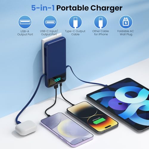 Portable Charger for iPhone with Built in Cables and Wall Plug
