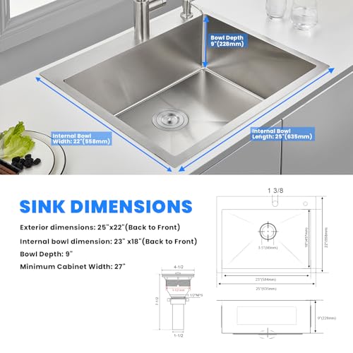 25×22 Inch Drop in Kitchen Sink