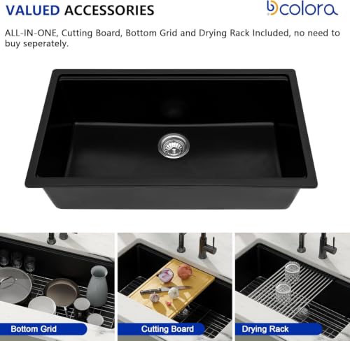 32 inches Granite Composite Kitchen Sink Workstation Black Undermount Single Bowl Large Kitchen Sink 32"W x 19"D x 10"H