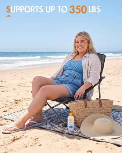 Beach Camping Folding Chairs for Adults Low Portable Chair with Cup Holder High Mesh Back for Outdoor Lawn Sand Travel Festival Concert