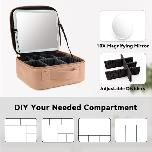 Travel Makeup Bag with LED Mirror and 10x magnifying glass with 3 Lighted Settings