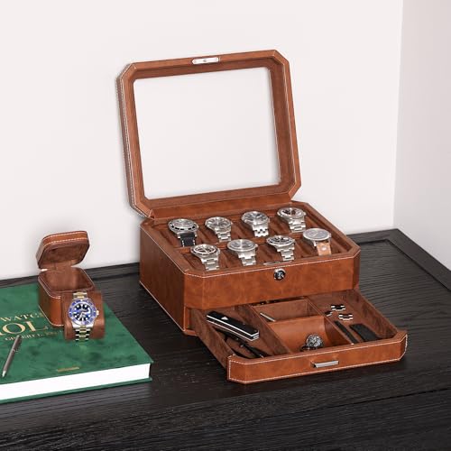 8 Slot Leather Watch Box with Valet Drawer