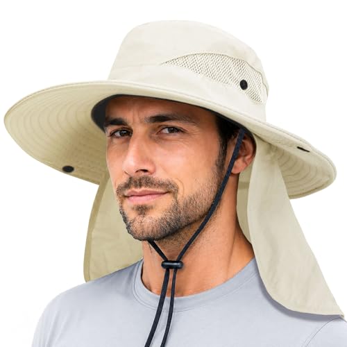 Sun Bucket Hats for Men Women Fishing Hat with Neck Flap Beige