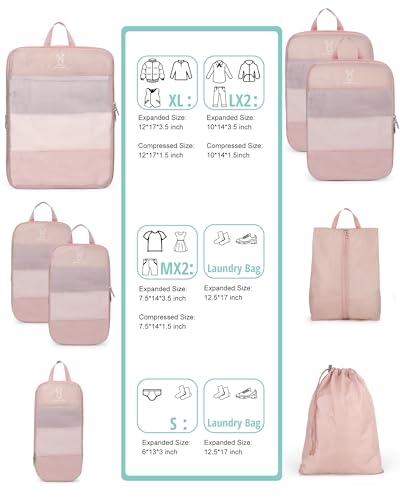 8 Set Space Saving Compression Packing Cubes Lightweight Packing Cube Pink