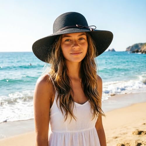 Womens Sun Straw Hat Bowknot Hat Summer Wide Brim Bucket Hats Foldable Beach Sun Hats Roll up UPF 50+