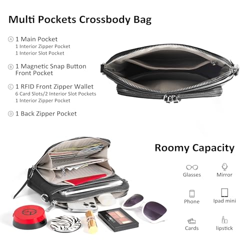 Black Genuine Leather Crossbody Bags for Women Travel Wallet Purse