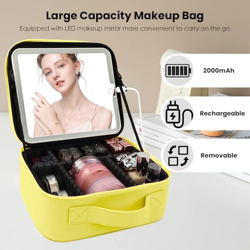 Travel Makeup Bag with LED Mirror and Light Travel Makeup Case Cosmetic Organizer Portable Cosmetic Brush Organizer Bag with Adjustable Dividers for Cosmetics Makeup Brushes Toiletry