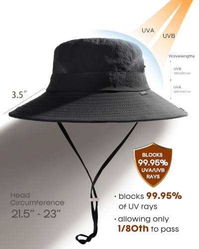Womens Sun Hat with Ponytail Hole Beach Hiking Summer Wide Brim UPF 50+ Outdoor Protection Foldable Bucket Hat Black