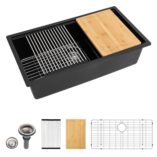Matte Black Quartz Kitchen Sink 33” Undermount Single Bowl