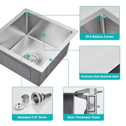 15 x 15 Inch Undermount Kitchen Sink 18 Gauge 304 Stainless Steel