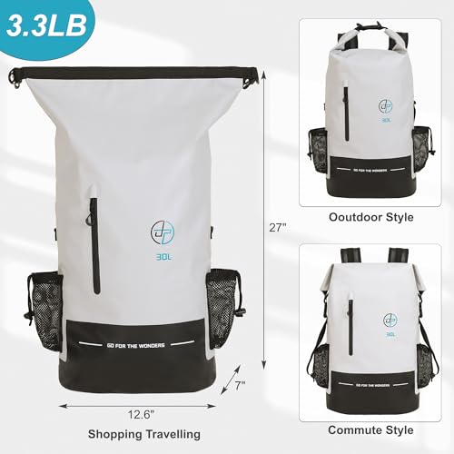 Waterproof Dry Bag 30L Boating Backpack for Travel Hiking Camping Bags for Kayaking Hiking Waterproof Bags Swimming Floating Submersible Dry Bag Grey&White