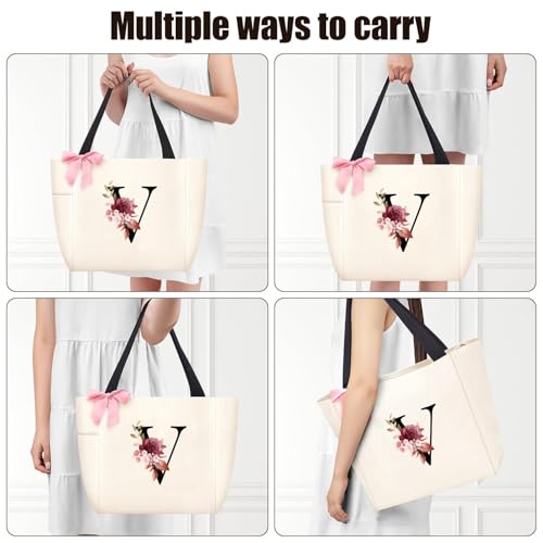 Tote Bag, A-Z Initial Monogrammed Waterproof Tote Bag, Bridesmaid Gifts for Women, Black and Pink (V, Beige)