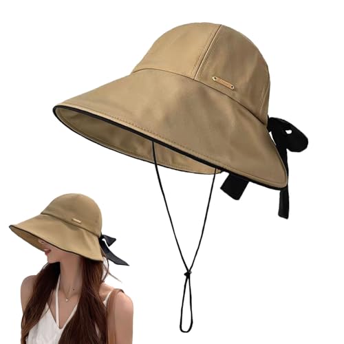 Wide Brim Hats for Woman Foldable Hats Sun Hats for Women uv Protection Bowknot Bucket hat Adjustable hat with Ponytail Hole Khaki