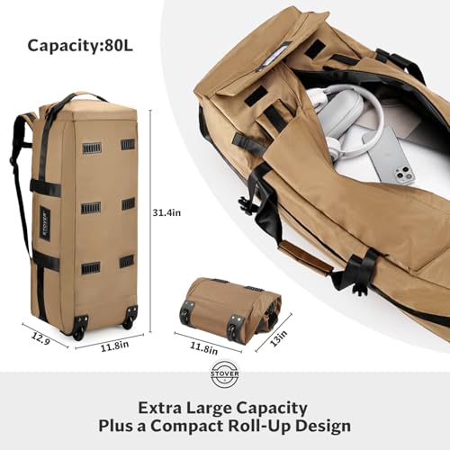 45/80/100L Rolling Duffel Bag with Wheels, Large Durable Travel Duffle + Toiletry Bag, Heavy Duty, Packable, Foldable with Shoulder Straps- Use as Luggage or Backpack, Men/Women (Tan)