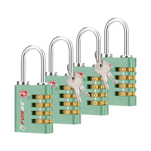 Dual-Opening: Key or Combination Access Lock, TSA Approved Locks for Luggage, Pelican case, Travel, Gym, School, Stainless Steel Shackle. (Green, 4 Pk) (4 Count)