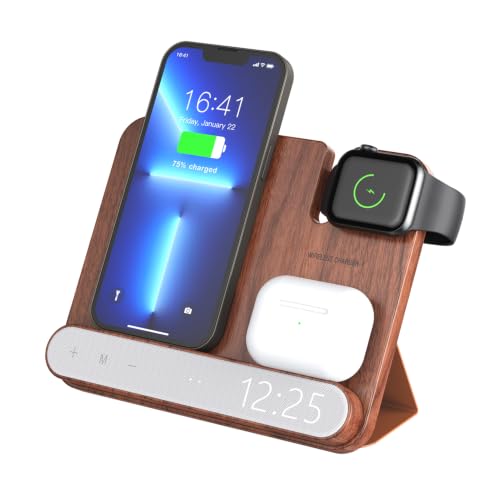 3-in-1 Walnut Wood Wireless Charging Station with Clock, 15W Fast Foldable Charger Stand, Charging Dock for iPhone 17/16/15/14/13/12, Apple Watch Ultra/10/9/8, AirPods, Nightstand Charger,Gift for Men