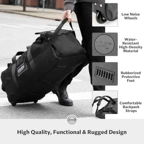 45/80/100L Rolling Duffel Bag with Wheels, Large Durable Travel Duffle + Toiletry Bag, Heavy Duty, Packable, Foldable with Shoulder Straps- Use as Luggage or Backpack, Men/Women (Black)