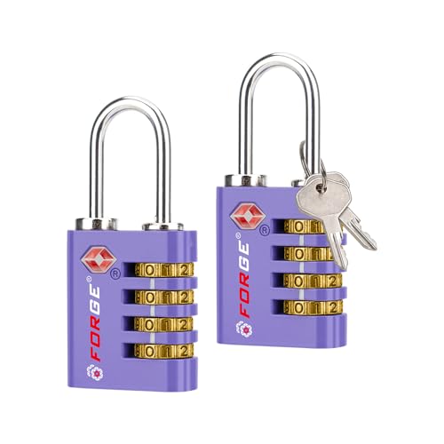 Dual-Opening: Key or Combination Access Lock, TSA Approved Locks for Luggage, Pelican case, Travel, Gym, School, Stainless Steel Shackle. (Purple, 2 Pk) (2 Count)