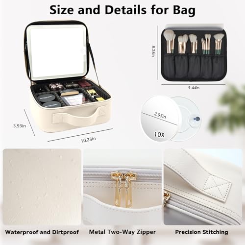 Travel Makeup Bag with LED Mirror and 10x magnifying glass with 3 Lighted Settings