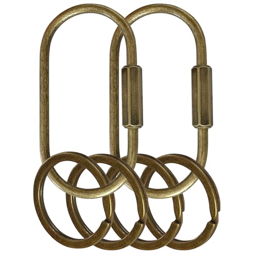 Key Chain Brass Key Rings 2 Pack Screw Lock Key Organizer with 4 Rings Carabiner Keychain Clip for Men and Women (2 Count)