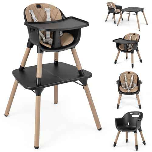 6-in-1 High Chair, Convertible Highchair for Babies and Toddlers/Kids Chair Table Set/Infant Feeding Chair w/Safety Harness, PU Leather Cushion & Removable Food Tray (Coffee)