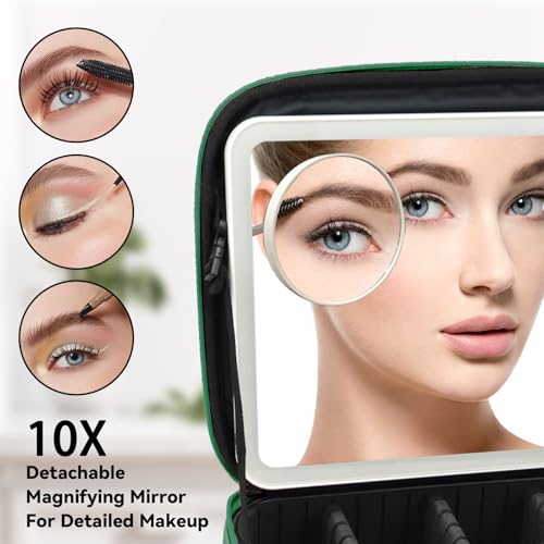 Travel Makeup Bag with LED Mirror and 10x magnifying glass with 3 Lighted Settings