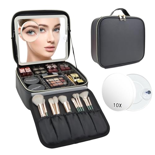 Travel Makeup Bag with LED Mirror and 10x magnifying glass with 3 Lighted Settings