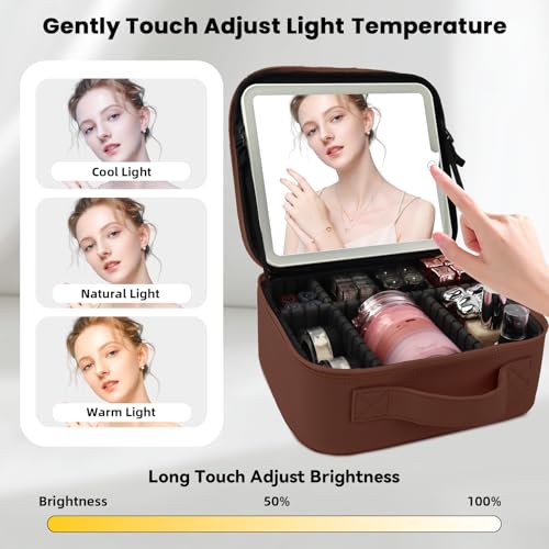 Travel Makeup Bag with LED Mirror and Light Travel Makeup Case Cosmetic Organizer Portable Cosmetic Brush Organizer Bag with Adjustable Dividers for Cosmetics Makeup Brushes Toiletry