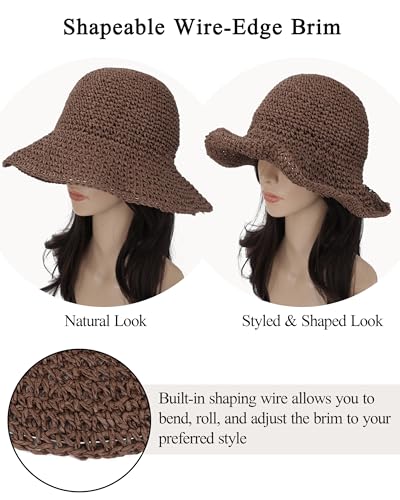 Womens Crochet Straw Sun Hat Foldable Floppy Wide Brim Beach Hat for Summer