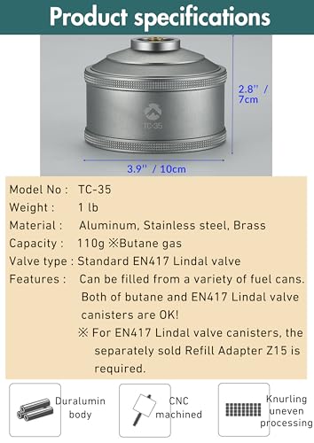 CAMPINGMOON Replacement Empty Refillable Gas Fuel Cylinder Standard for Backpacking Camping Stove EN417 Lindal Valve 110g TC