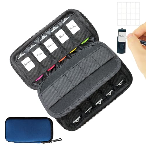 USB Flash Drive Case with 10 USB Drive Slots and 10 Memory Card Slots Storage Organizer Case Holder for Thumb Drives Jump Drives SD Cards with Zipper Bag Blue