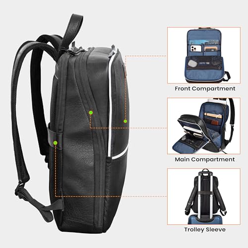 Leather Laptop Backpack for Men with Trolley Strap 16L Slim