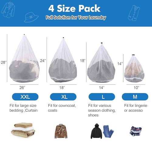 4Pcs Mesh Laundry Bags Washing Machine Mesh Wash Bags for Clothes (4 Count)