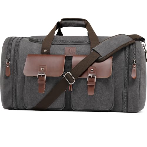 Canvas Duffle Bag for Men 50L Travel Duffel Bags Expandable Genuine Leather Duffel Overnight Weekender Carry On Bag Two Zipper Pockets Travel Bag