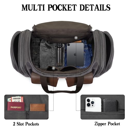 Canvas Duffle Bag for Men 50L Travel Duffel Bags Expandable Genuine Leather Duffel Overnight Weekender Carry On Bag Two Zipper Pockets Travel Bag