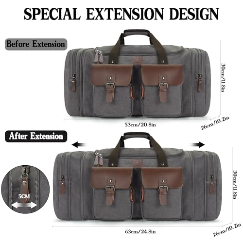 Canvas Duffle Bag for Men 50L Travel Duffel Bags Expandable Genuine Leather Duffel Overnight Weekender Carry On Bag Two Zipper Pockets Travel Bag