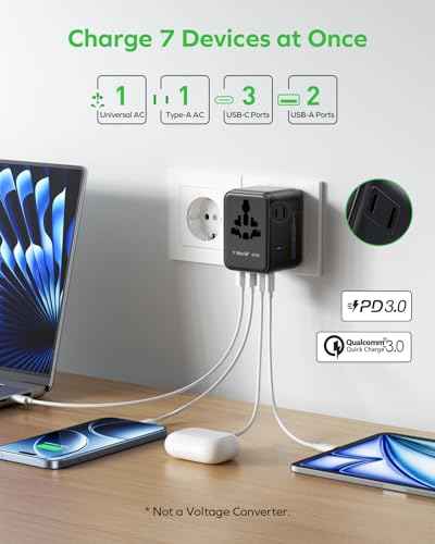 7-in-1 Universal Travel Adapter, GaN 45W iPhone 17 European Travel Plug Adapter, 3 USB-C PD & 2 USB-A QC,2 AC, International Power Adapter for Travel UK EU AUS JP, Travel Essentials